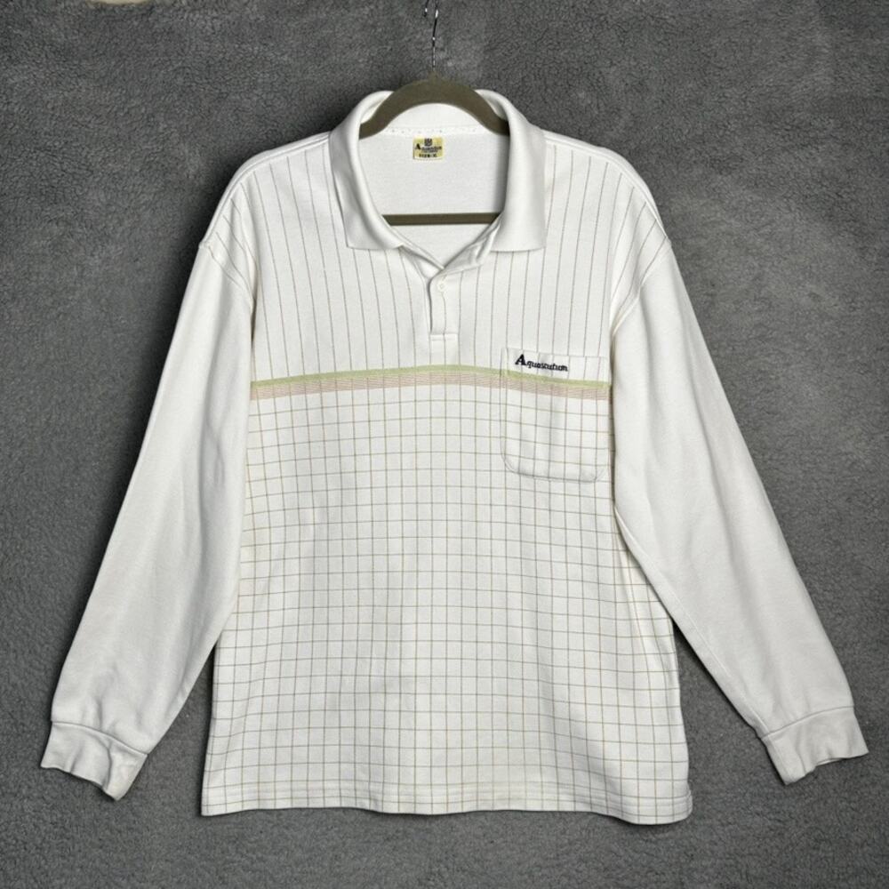 VTG Aquascutum of London Men's XL White Beige Long Sleeve Polo Classic Preppy